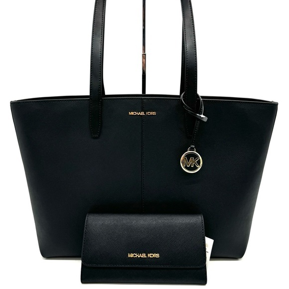 Michael Kors Medium Jet Set Travel Zip Tote Bag & Trifold Wallet Black/Gold